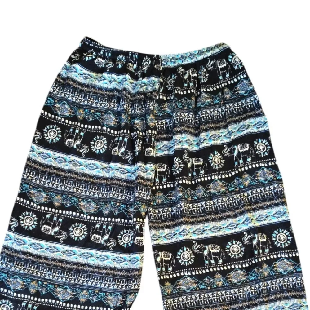 Black Teal White Elephant Floral Block Print Harem Pants XL *Fits like Med